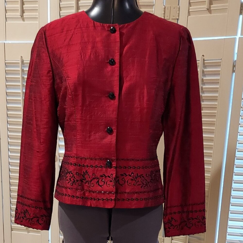 Vintage NWOT Maggy London Silk Red w Black Embroidery & Beads Jacket Size 4